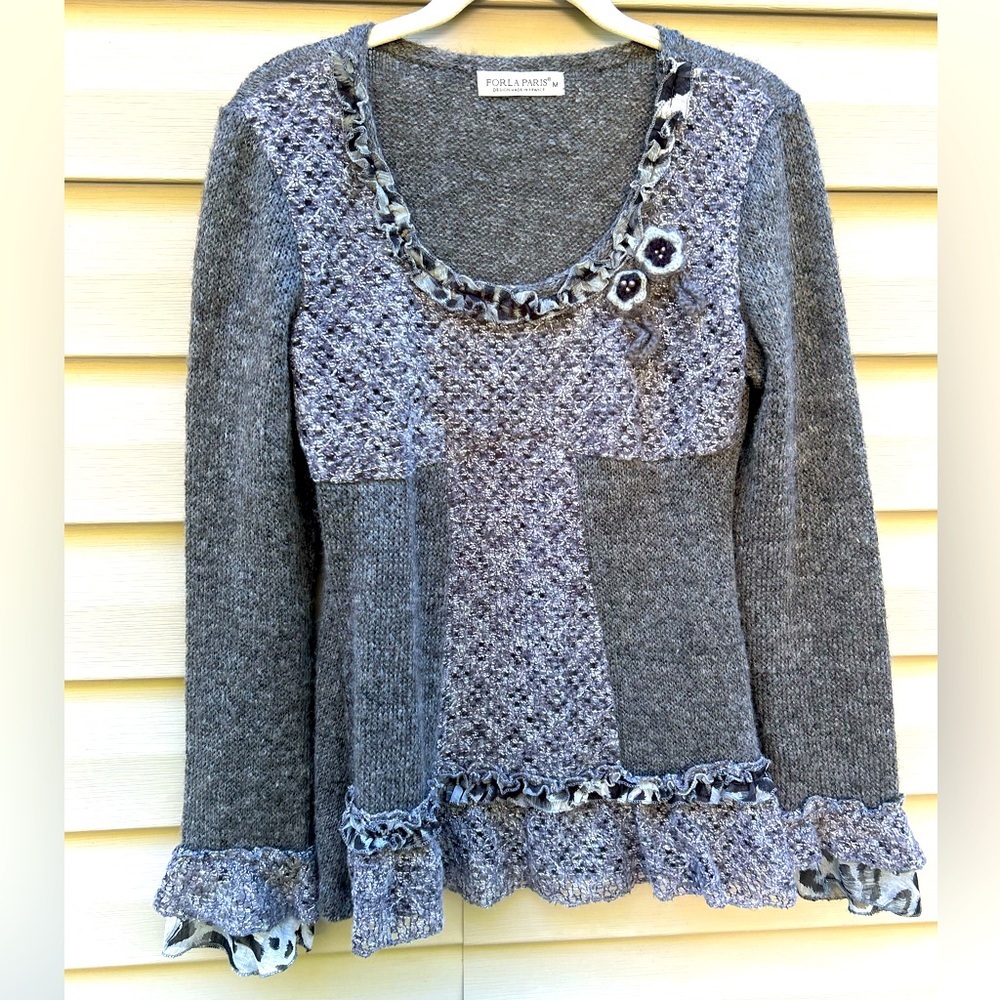 VTG Forla Paris size M Y2K Victorian Ruffle ribbon lace sweater Elena Whimsigoth